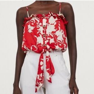 Johanna Ortiz H&M Tie Hem Crop Blouse Strapless Top Floral Red Off White XS
